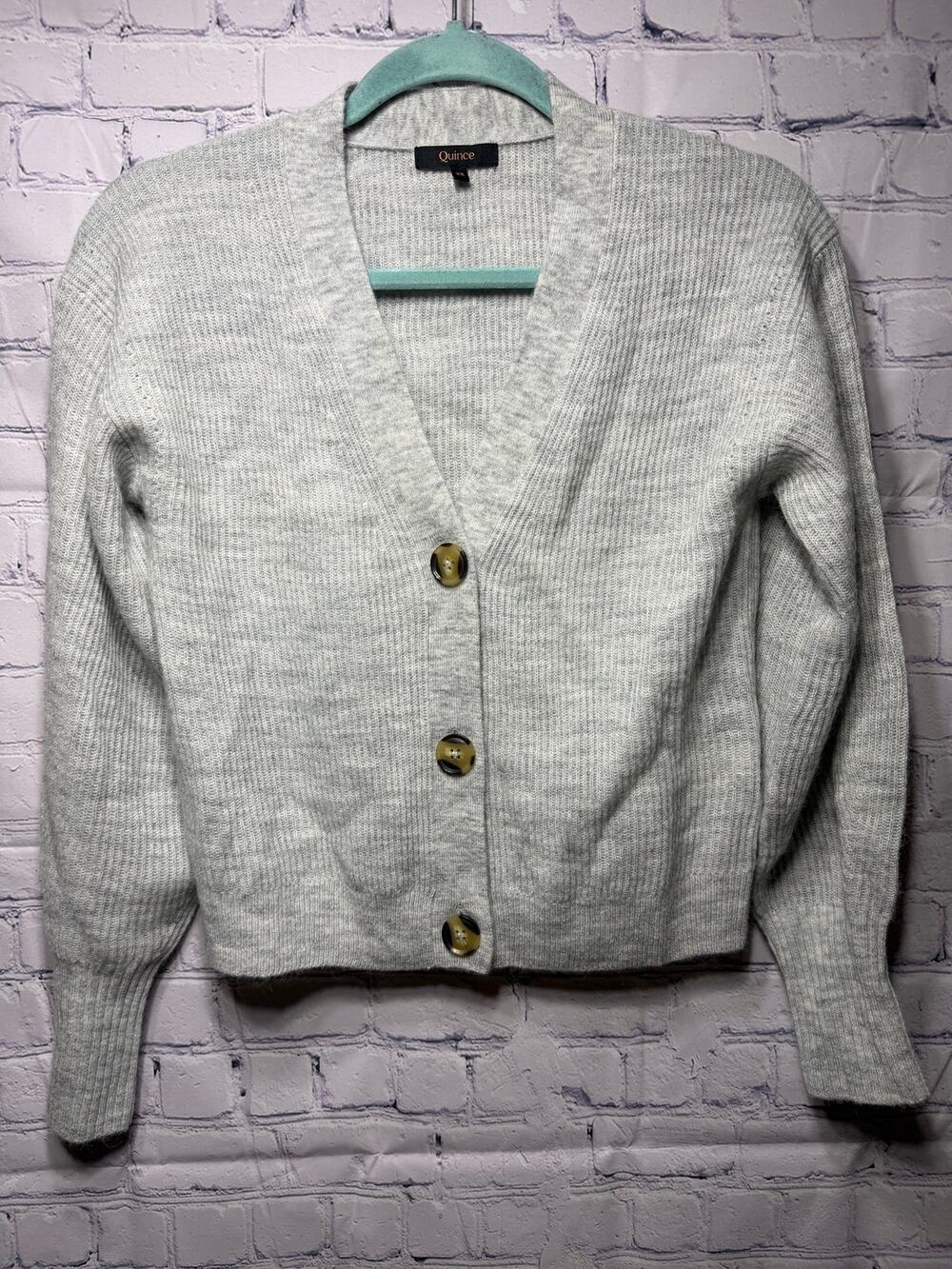 Quince Lightweight Baby Alpaca Cropped V-Neck Cardigan Gray Sz XS